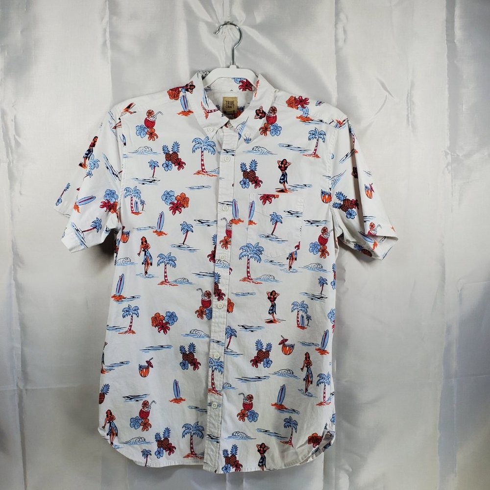 True Craft Button Up Short Sleeve Shirt Tropical Island Theme Graphic Men Sz L